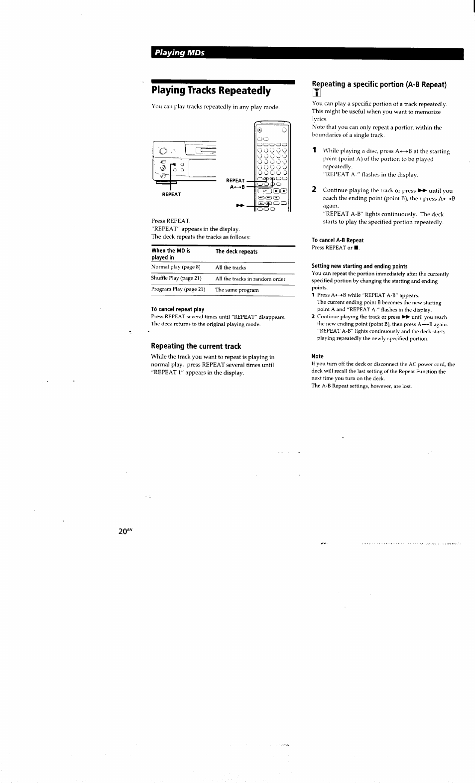 Playing tracks repeatedly, To cancel repeat play, Repeating the current track | Repeating a specific portion (a-b repeat), To cancel a-b repeat, Setting new starting and ending points, Note, Playing mds | Sony MDS-S38 User Manual | Page 20 / 109