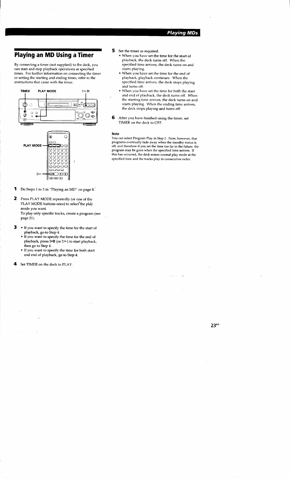 Playing an md using a timer, Note, Playing mds | Sony MDS-S38 User Manual | Page 23 / 109