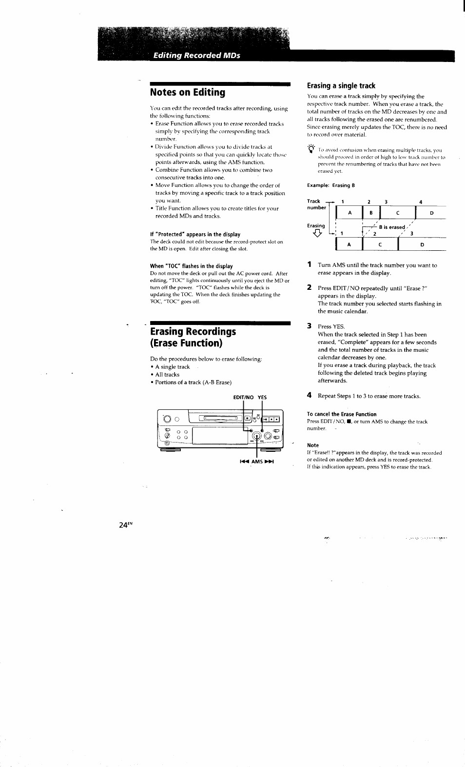 Notes on editing, If "protected" appears in the display, Erasing a single track | When "toc" flashes in the display, To cancel the erase function, Note, Editing recorded mds, Erasing recordings (erase function) | Sony MDS-S38 User Manual | Page 24 / 109