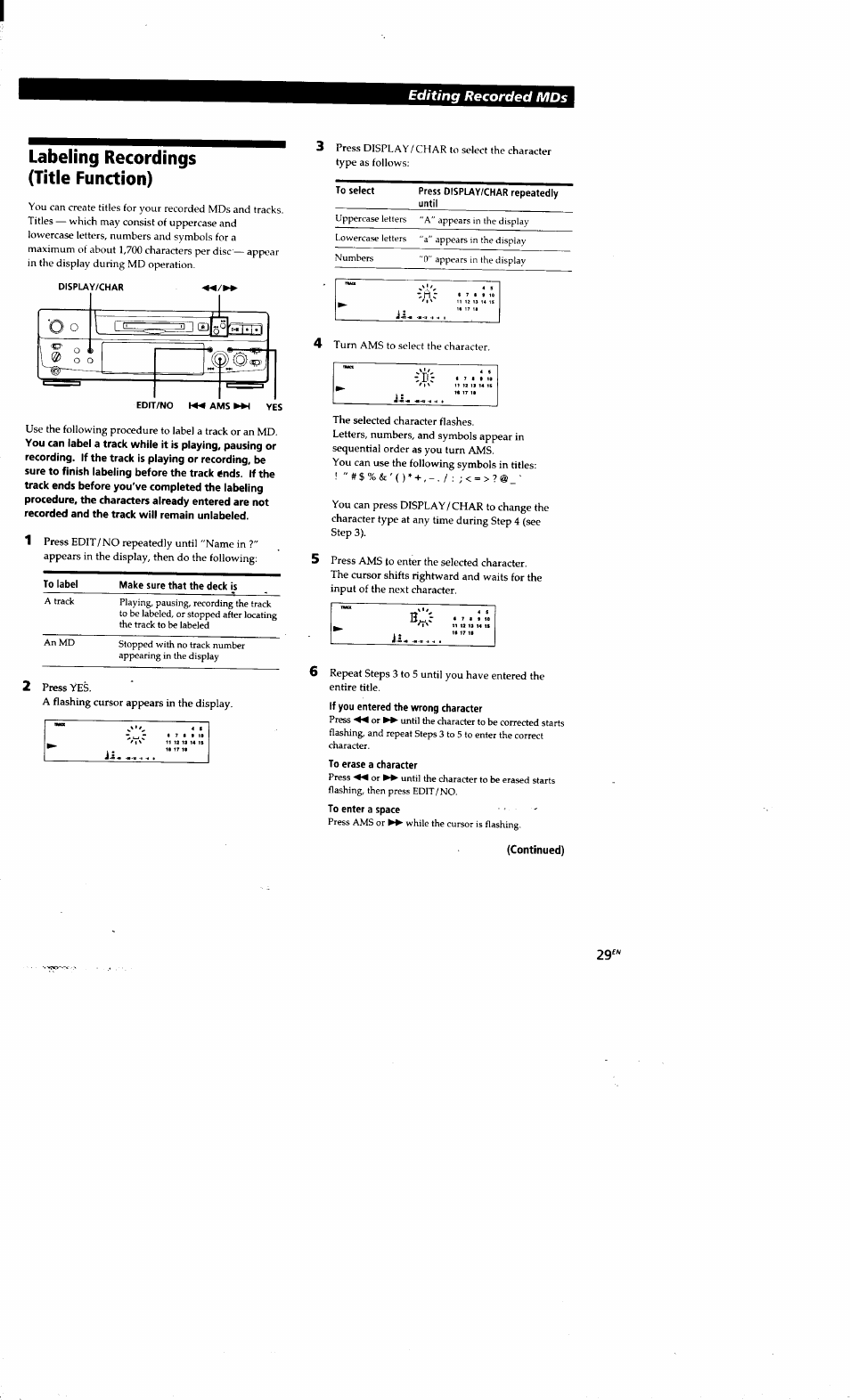 Labeling recordings (title function), To erase a character, Erasing recordings (erase function) | Editing recorded mds | Sony MDS-S38 User Manual | Page 28 / 109