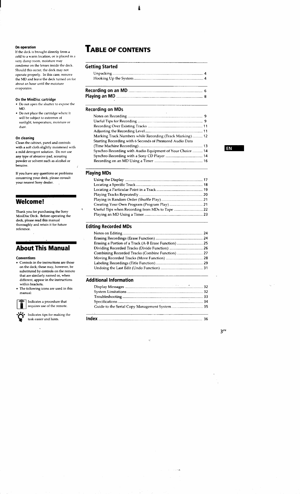 Welcome, About this manual | Sony MDS-S38 User Manual | Page 3 / 109