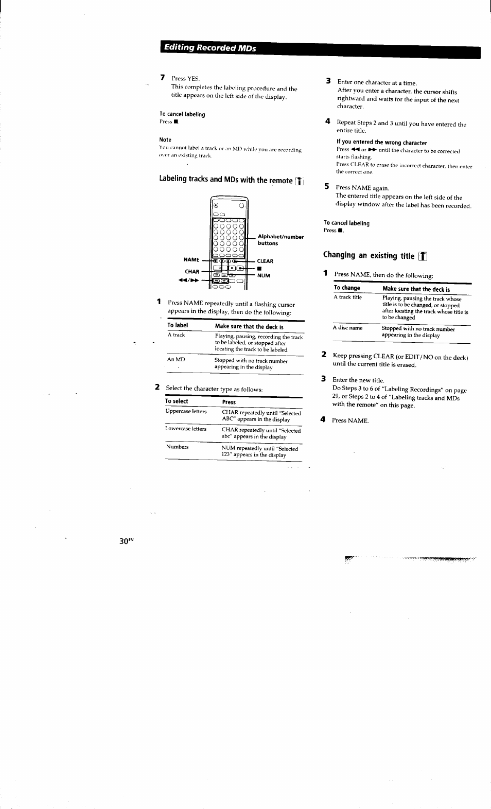 To cancel labeling, Note, Labeling tracks and mds with the remote [ji | Changing an existing title [x, Editing recorded mds | Sony MDS-S38 User Manual | Page 30 / 109
