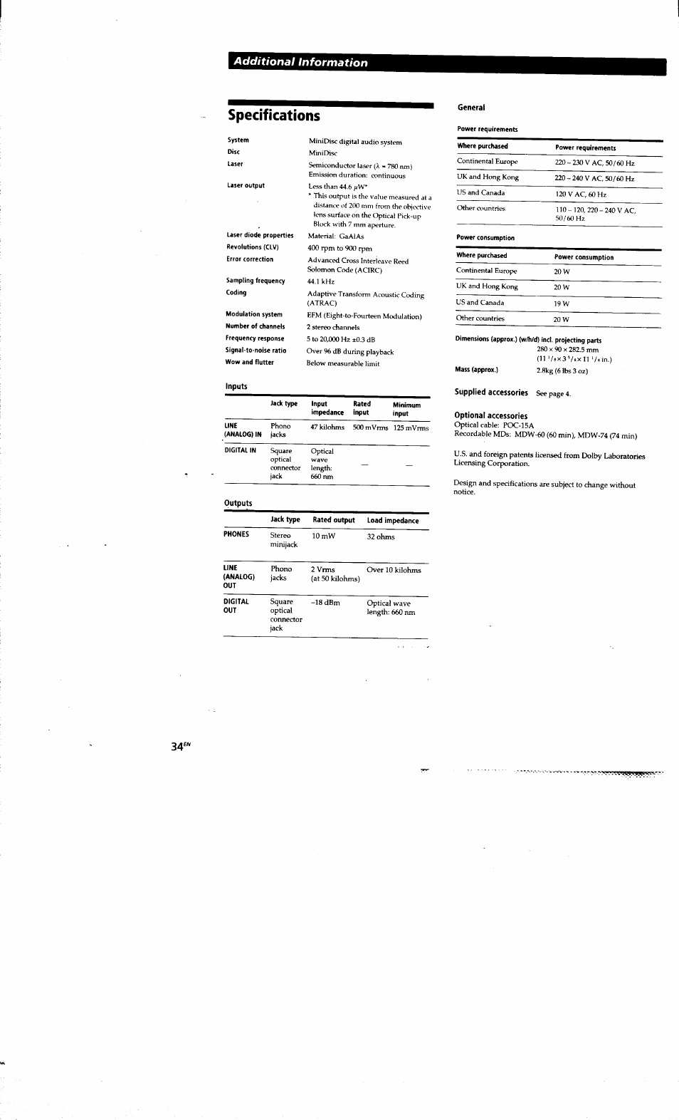 General, Optional accessories, Additional information | Specifications | Sony MDS-S38 User Manual | Page 33 / 109