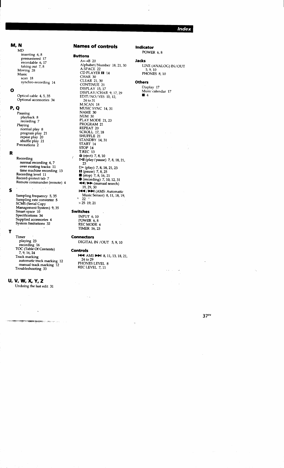 M, n, Names of controls, Buttons | Switches, Indicator, Jacks, Others, Connectors, Controls, Ü. v, w.x. y.z | Sony MDS-S38 User Manual | Page 36 / 109