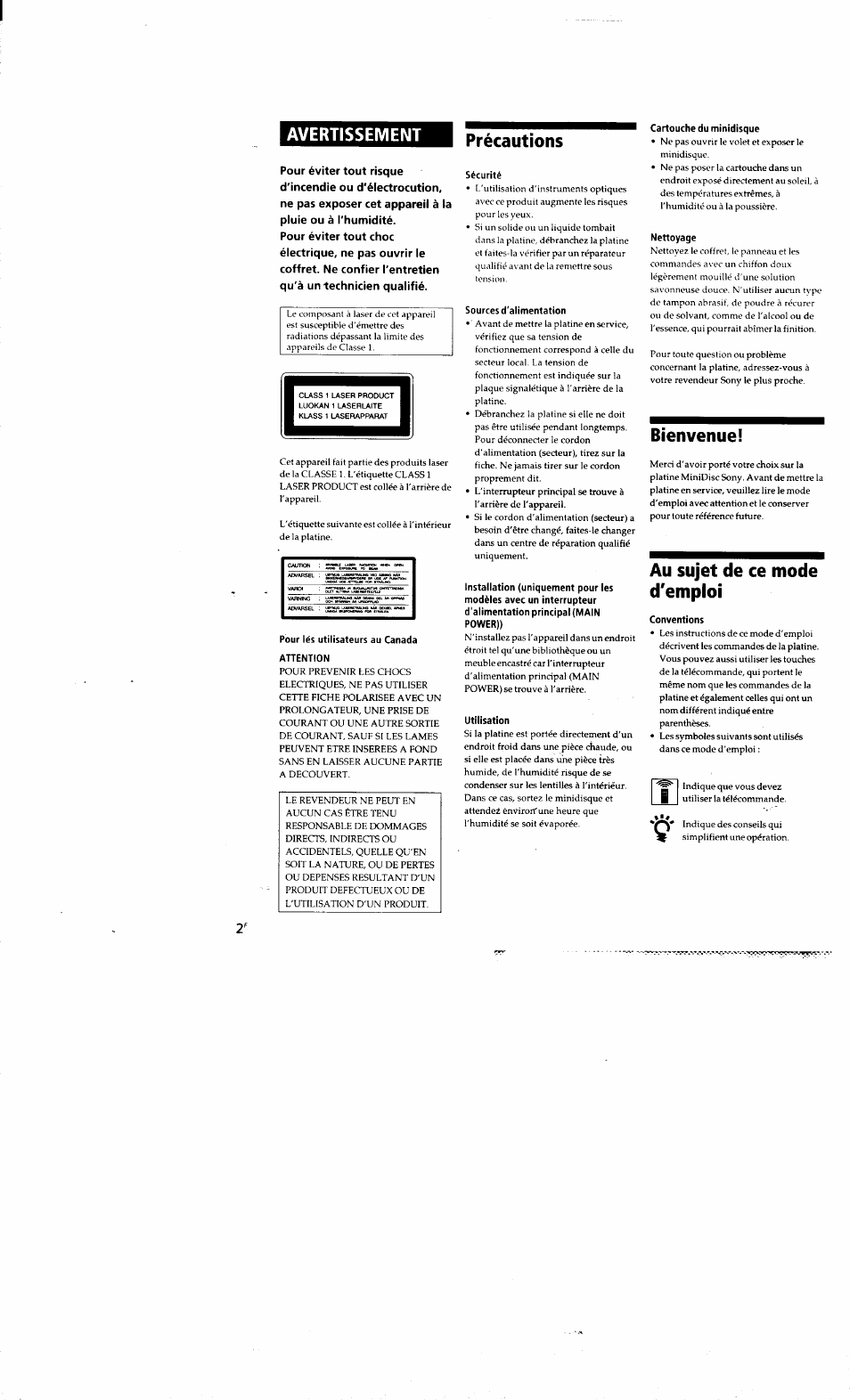 Avertissement, Précautions, Bienvenue | Au sujet de ce mode d'emploi | Sony MDS-S38 User Manual | Page 37 / 109