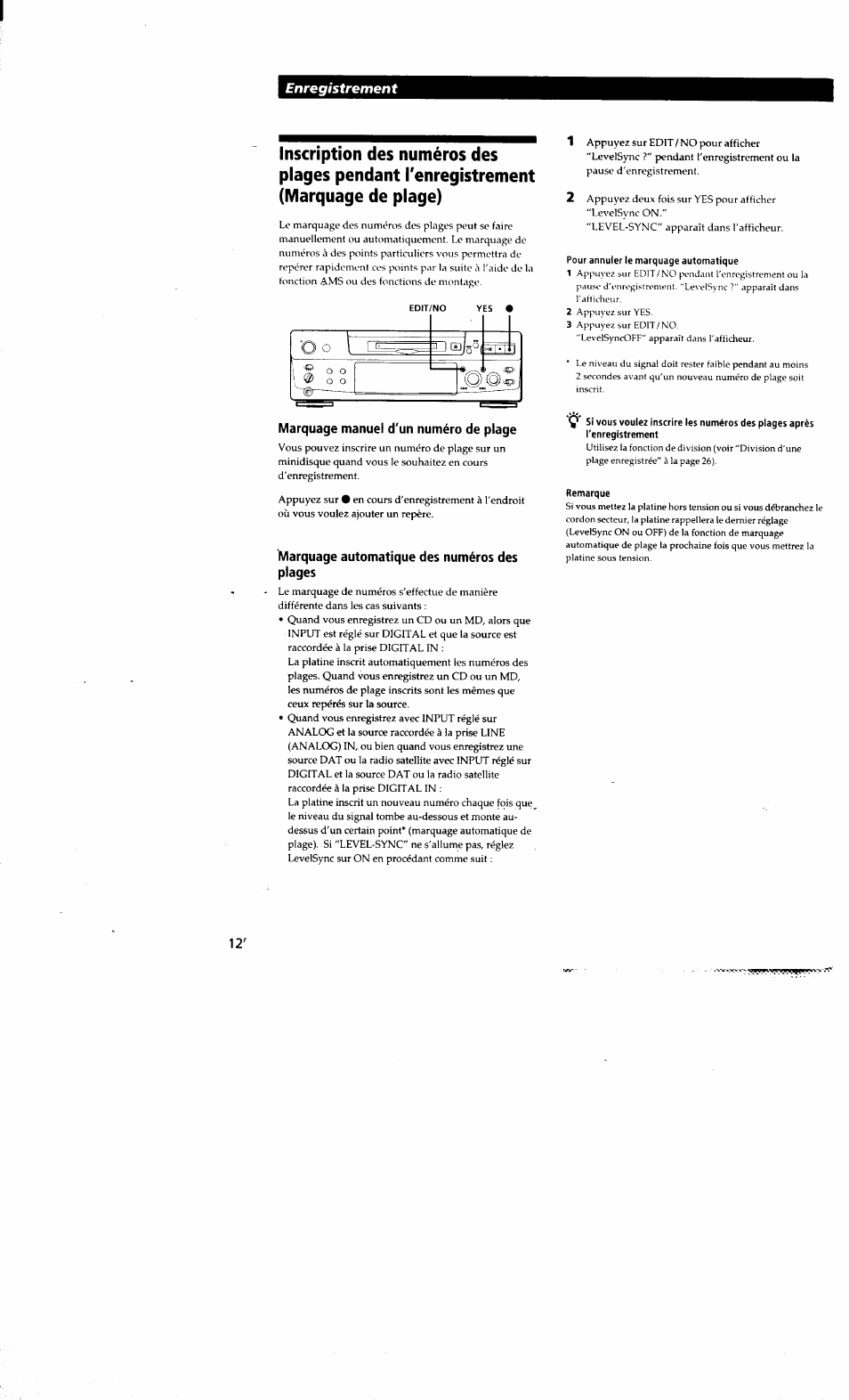 Marquage manuel d'un numéro de plage, Marquage automatique des numéros des plages, Pour annuler le marquage automatique | Remarque, Enregistrement | Sony MDS-S38 User Manual | Page 48 / 109