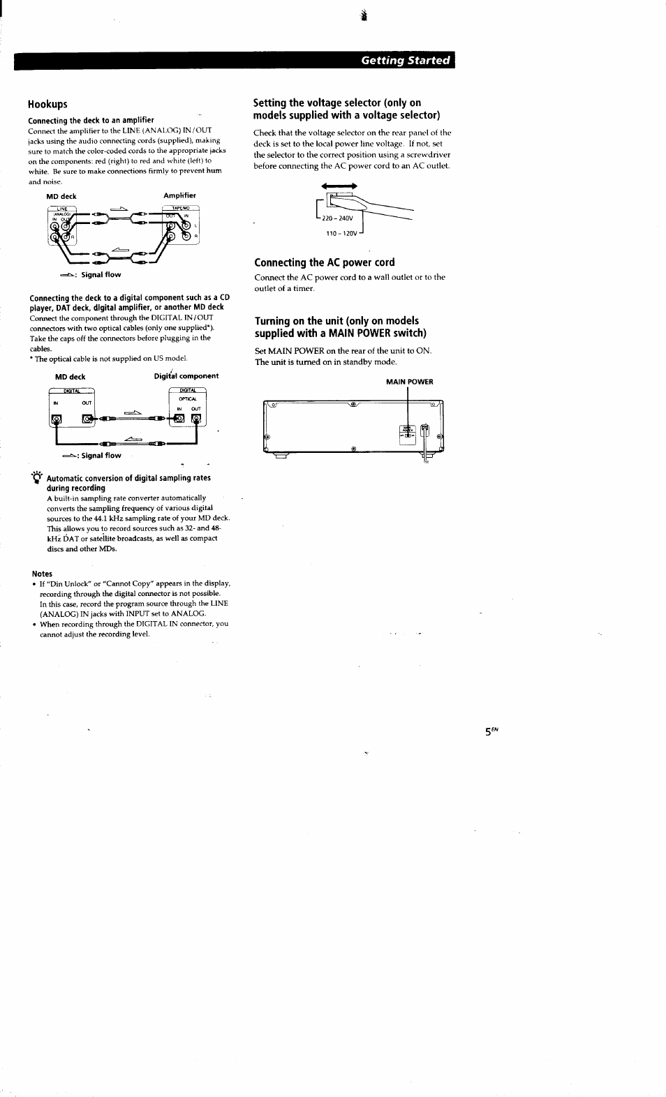 Hookups, Connecting the ac power cord, Notes | Getting started | Sony MDS-S38 User Manual | Page 5 / 109