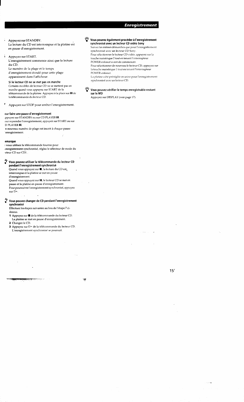Our faire une pause d'enregistrement, Emarque, Enregistrement | Sony MDS-S38 User Manual | Page 51 / 109