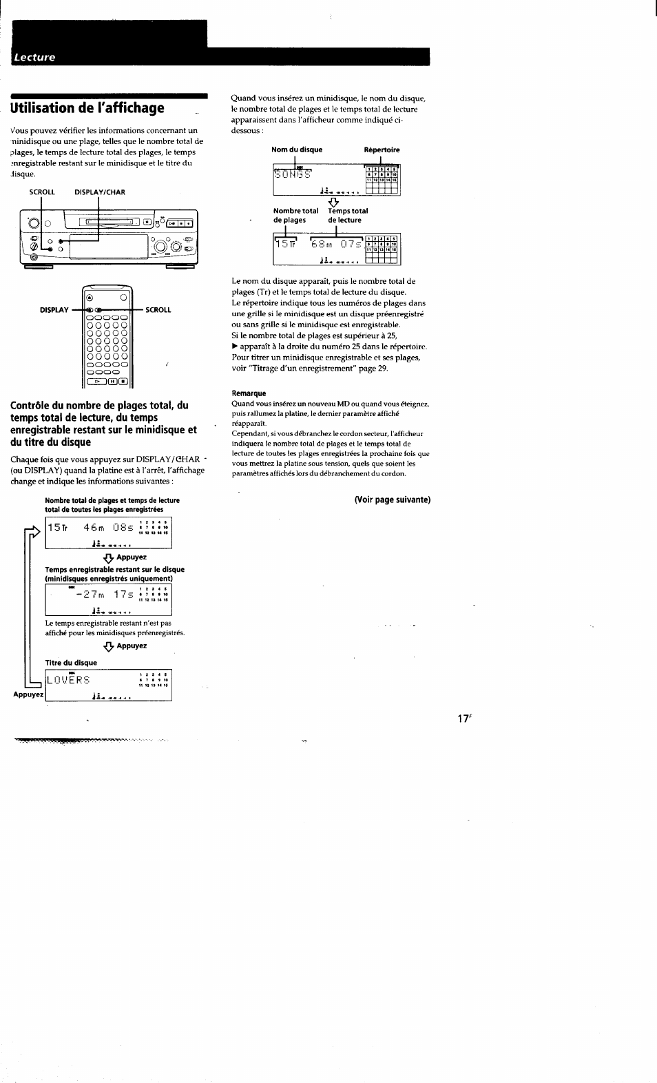 Utilisation de l'affichage, Remarque, 1t» ifitirin | Sony MDS-S38 User Manual | Page 53 / 109