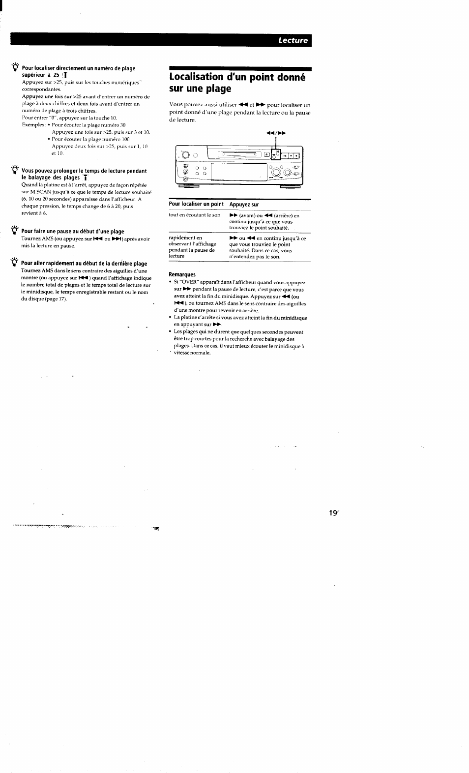 Ç' pour faire une pause au début d'une plage, Localisation d'un point donné sur une plage, Remarques | Localisation d'un poiht donné sur une plage, Lecture | Sony MDS-S38 User Manual | Page 55 / 109