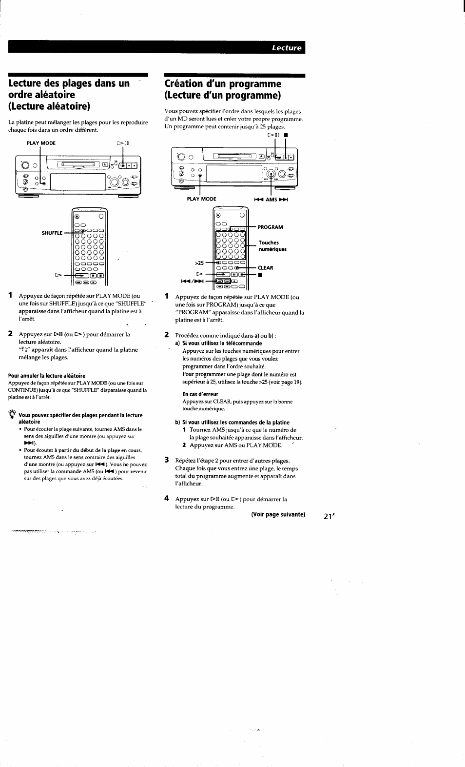 Pour annuler ta lecture aléatoire, Création d'un programme (lecture d'un programme), A) s« vous utilisez la télécommande | En cas d'erreur, B) si vous utilisez les commandes de la platine, Lecture | Sony MDS-S38 User Manual | Page 57 / 109