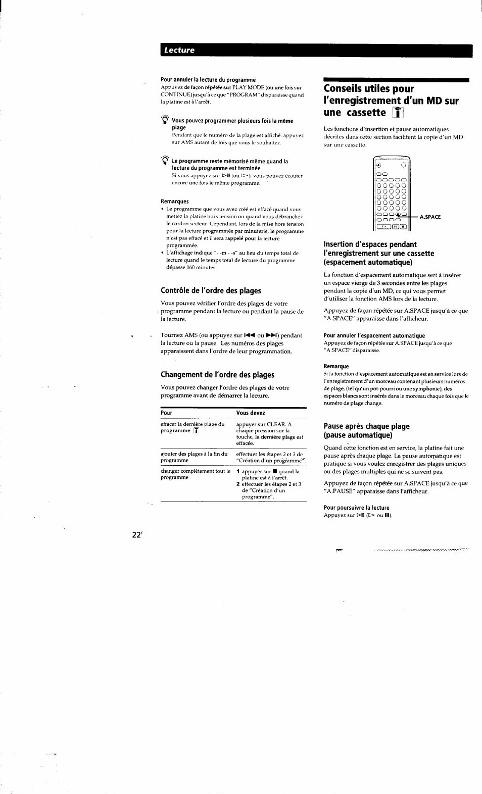 Pour annuler la lecture du programme, Remarques, Contrôle de l'ordre des plages | Changement de l'ordre des plages, Pour annuler l'espacement automatique, Remarque, Pause après chaque plage (pause automatique), Pour poursuivre la lecture, Lecture | Sony MDS-S38 User Manual | Page 58 / 109