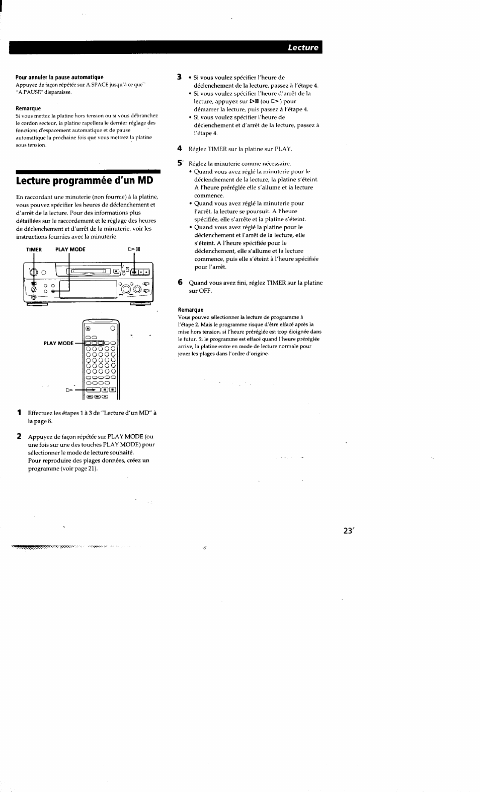 Pour annuler la pause automatique, Remarque, Lecture programmée d'un md | Lecture | Sony MDS-S38 User Manual | Page 59 / 109
