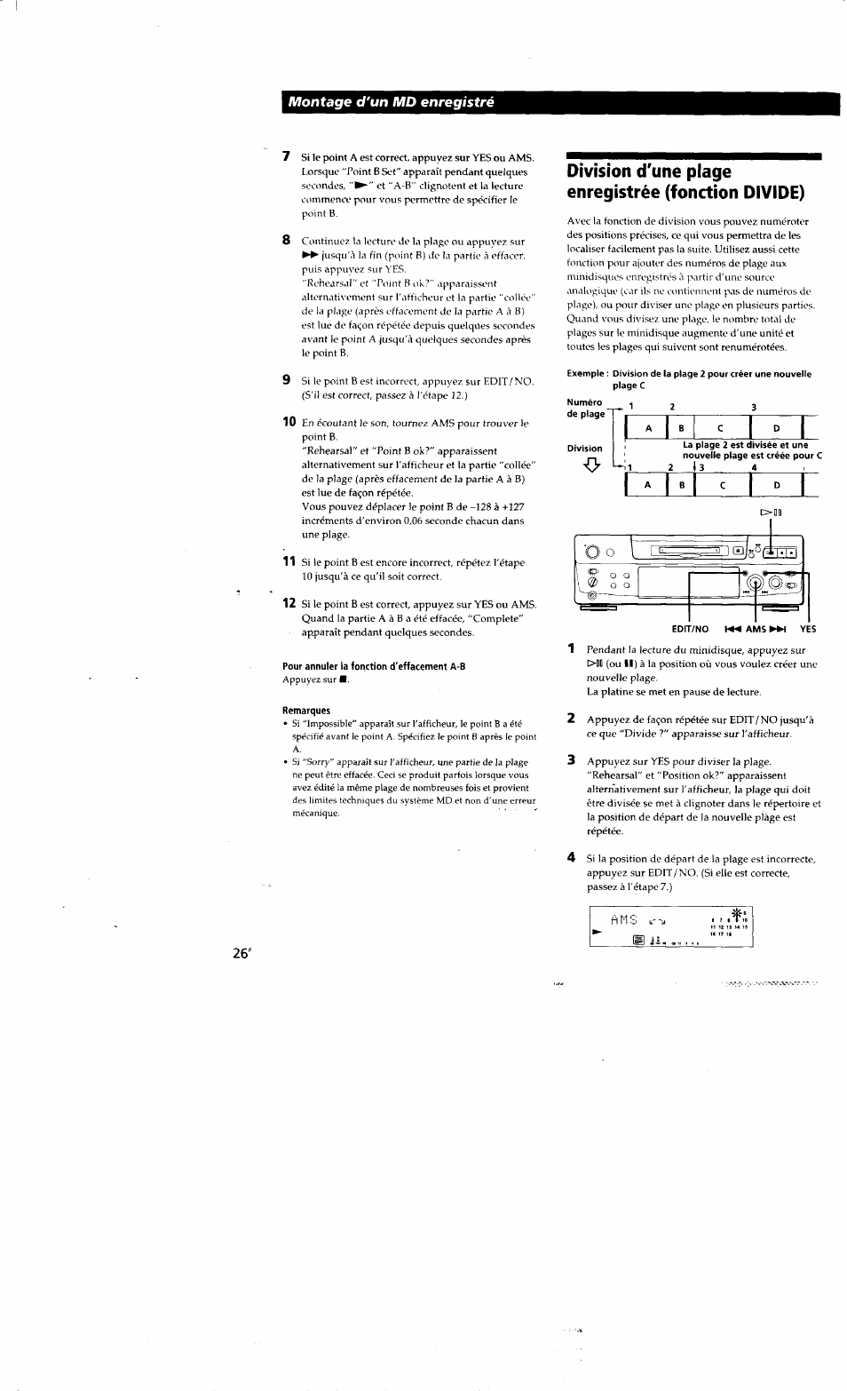 Pour annuler la fonction d'effacement a-b, Remarques, Division d'une plage enregistrée (fonction divide) | Division d'une plage eruegistrée (fonction divide), Fi t'1 cl ii