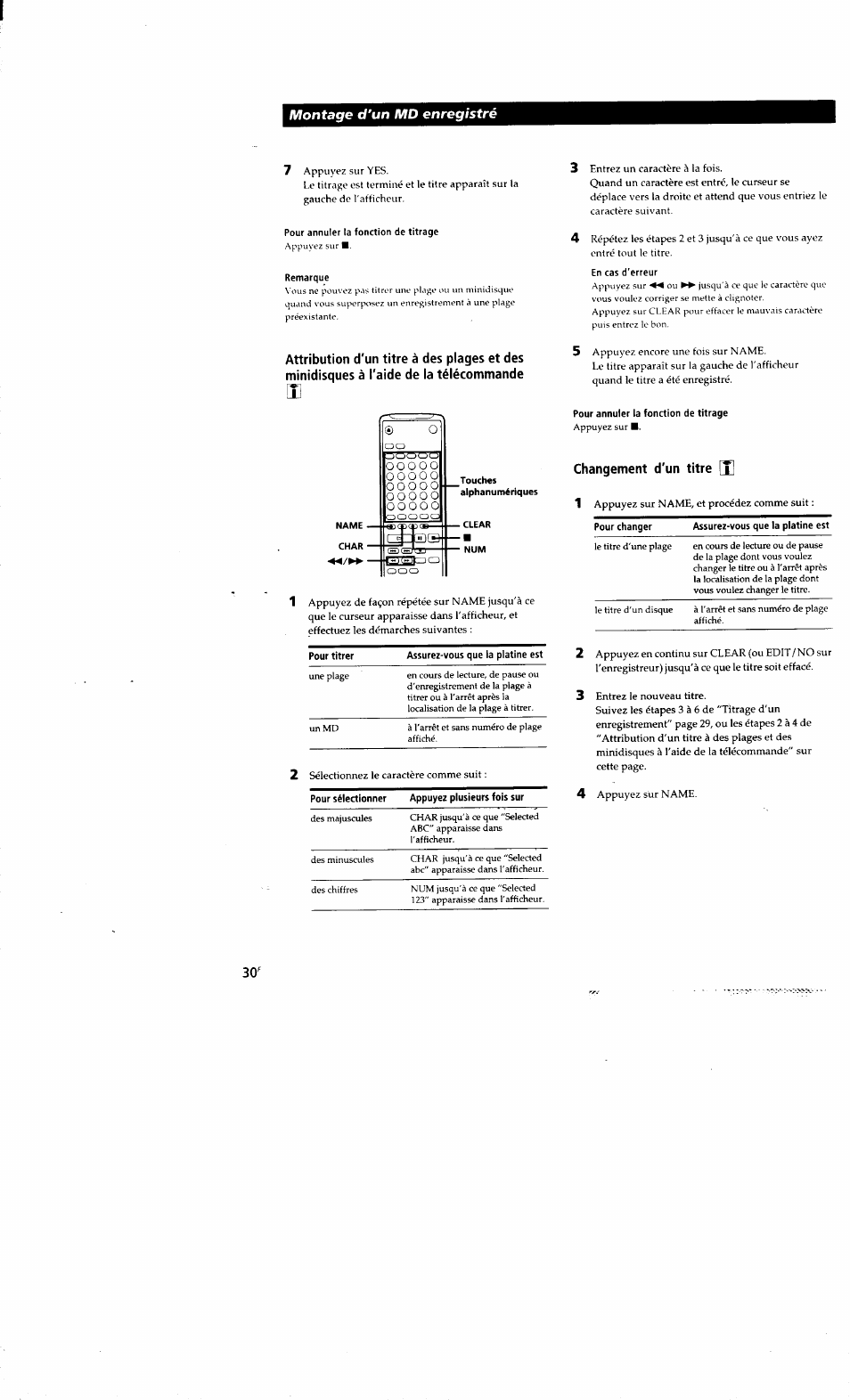 Pour annuler la fonction de titrage, Remarque, En cas d'erreur | Alphanumériques, Montage d'un md enregistré | Sony MDS-S38 User Manual | Page 66 / 109