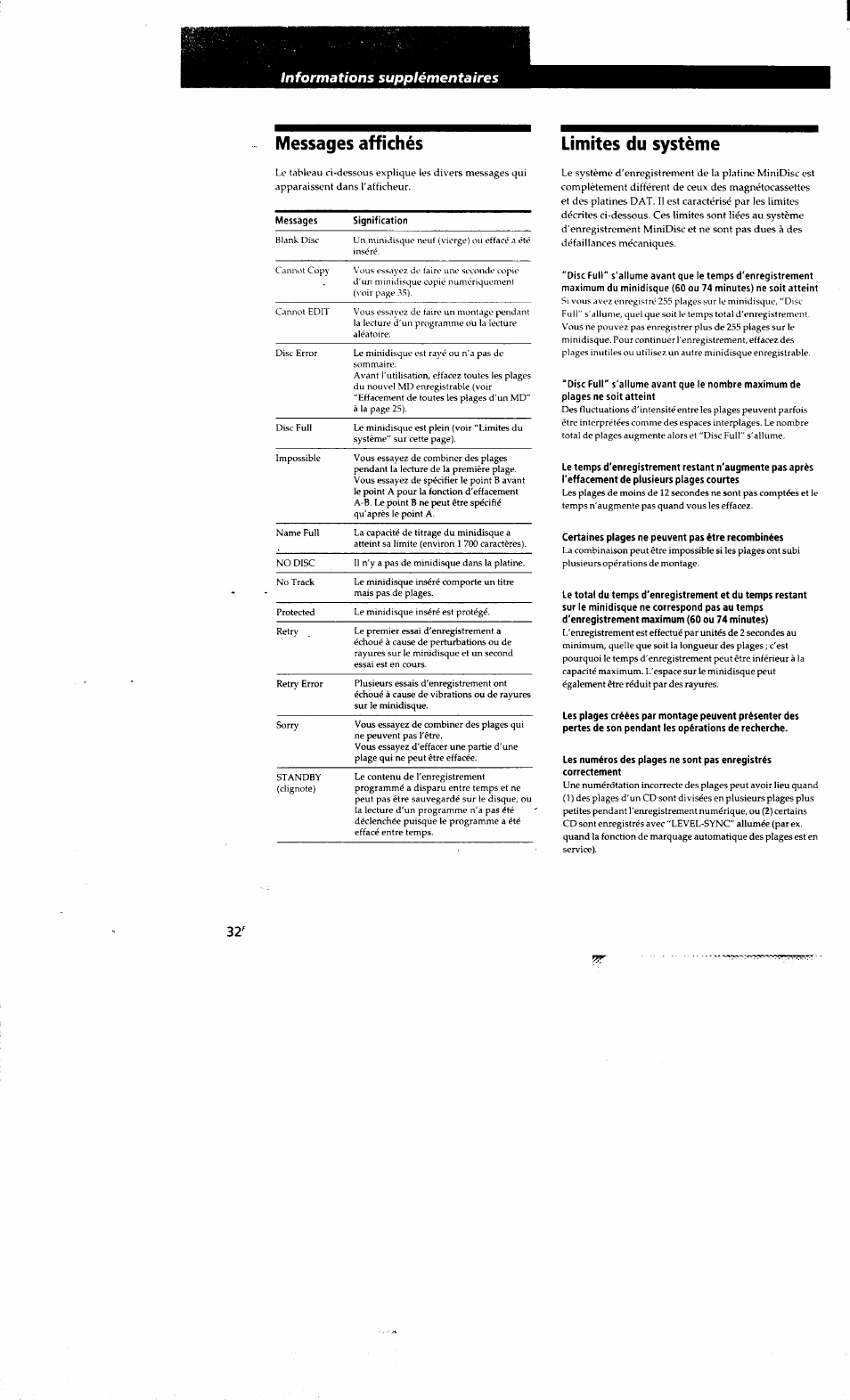 Limites du système, Messages affichés | Sony MDS-S38 User Manual | Page 68 / 109