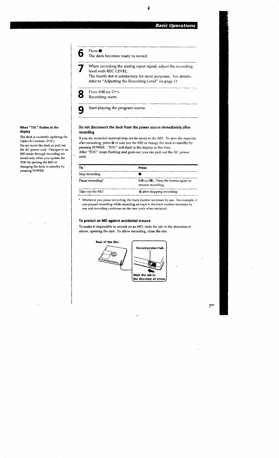 To protect an md against accidental erasure, Basic operations | Sony MDS-S38 User Manual | Page 7 / 109