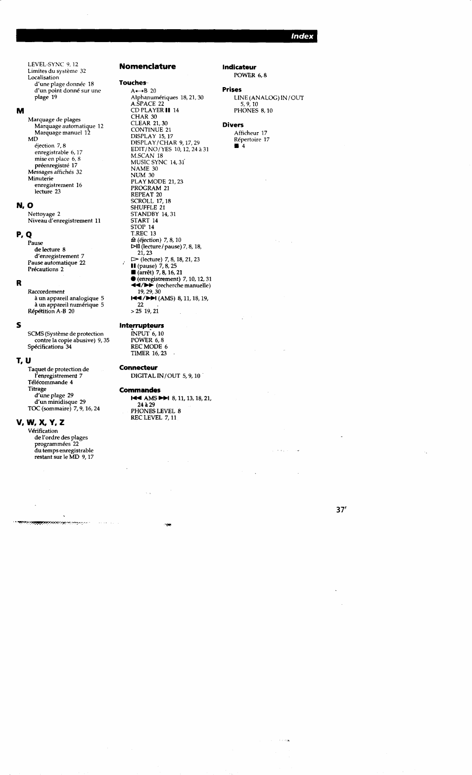 Touches, Interrupteurs, Connecteur | Commandes, Indicateur, Prises, Divers, N, o, T, u, V, w, x. y, z | Sony MDS-S38 User Manual | Page 73 / 109