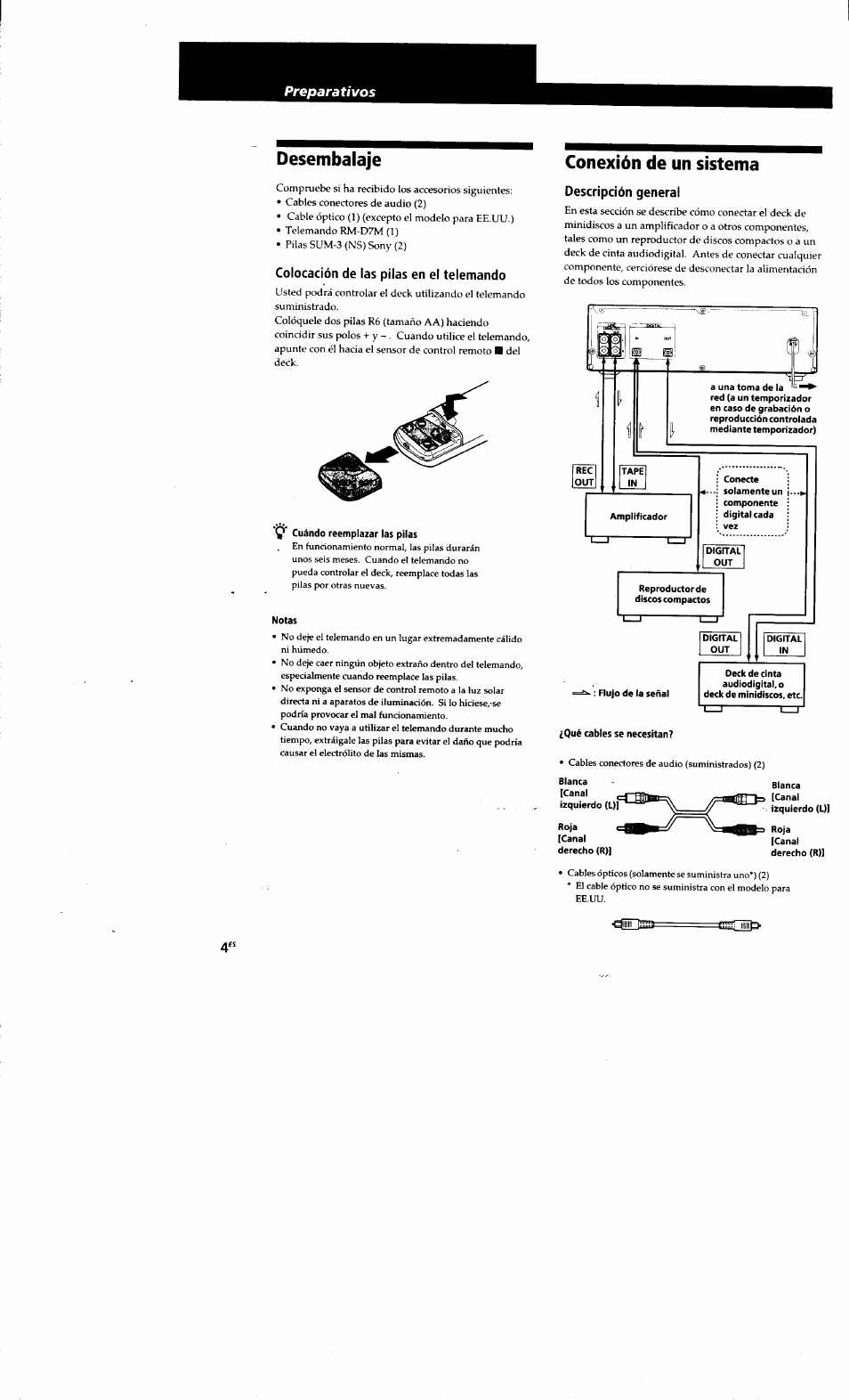 Desembalaje, Colocación de las pilas en el telemando, Cuándo reemplazar las pilas | Notas, Conexión de un sistema, Descripción general, Qué cables se necesitan, Desembalaje conexión de un sistema | Sony MDS-S38 User Manual | Page 76 / 109