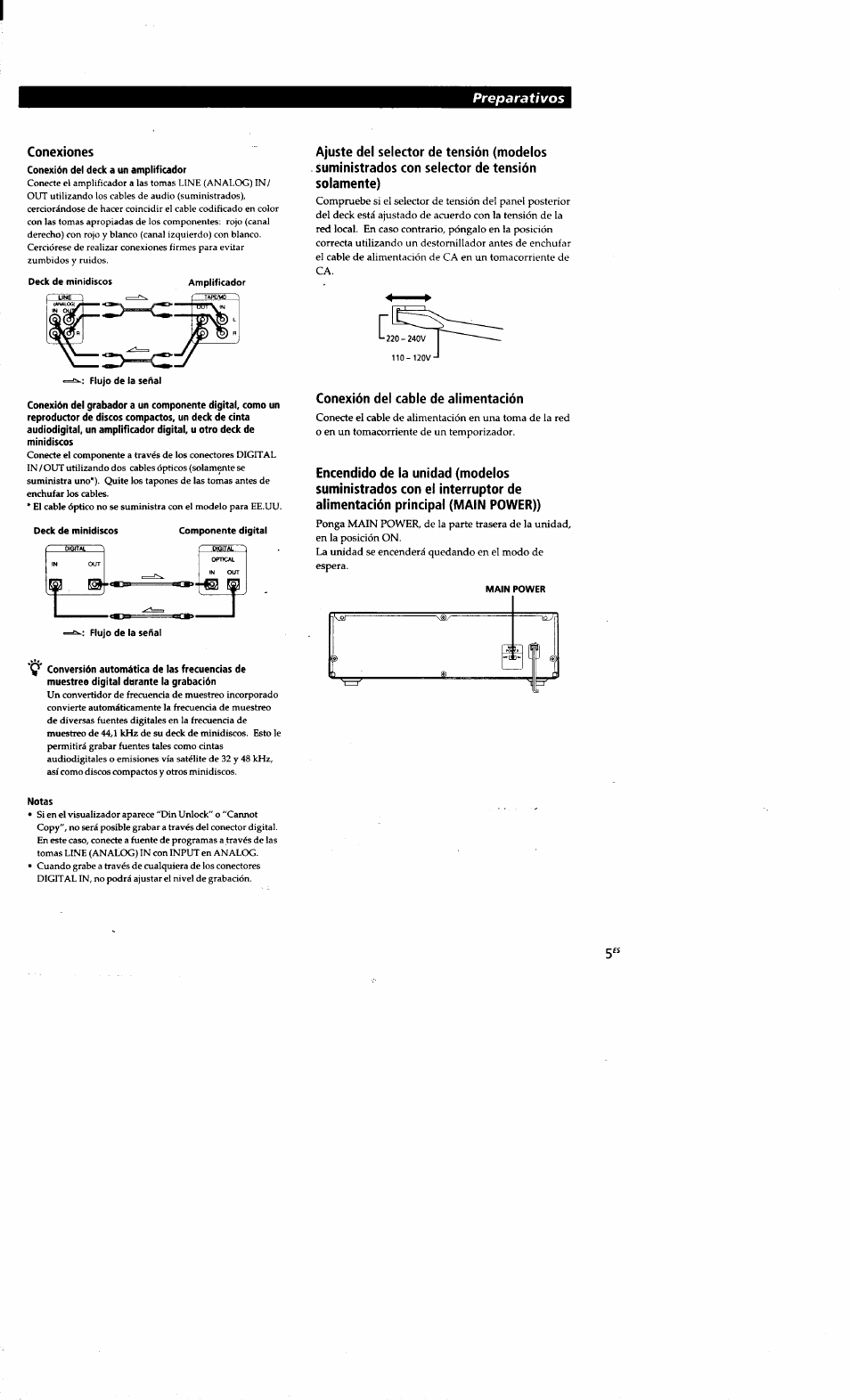 Conexiones, Conexión del cable de alimentación, Preparativos | Sony MDS-S38 User Manual | Page 77 / 109