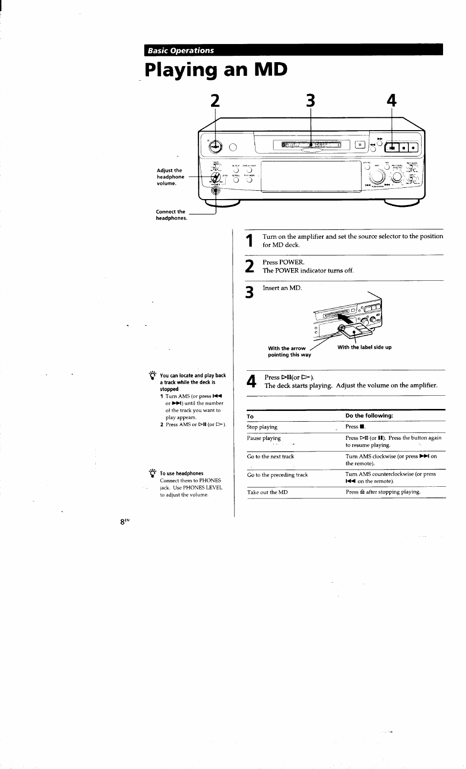 Playing an md | Sony MDS-S38 User Manual | Page 8 / 109