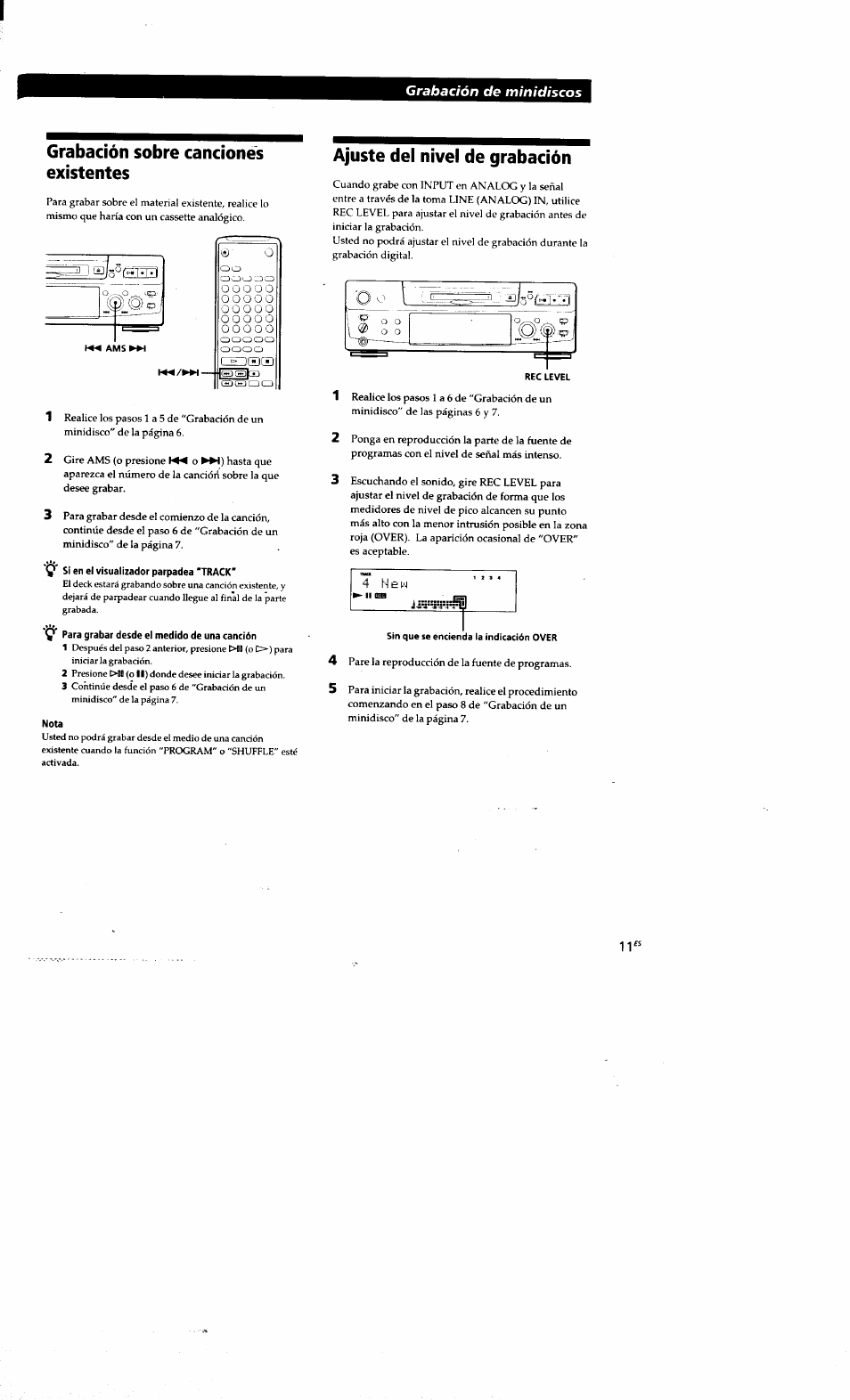 Grabación sobre canciones existentes, Y para grabar desde el medido de una canción, Nota | Ajuste del nivel de grabación, Grabación de minidiscos | Sony MDS-S38 User Manual | Page 83 / 109