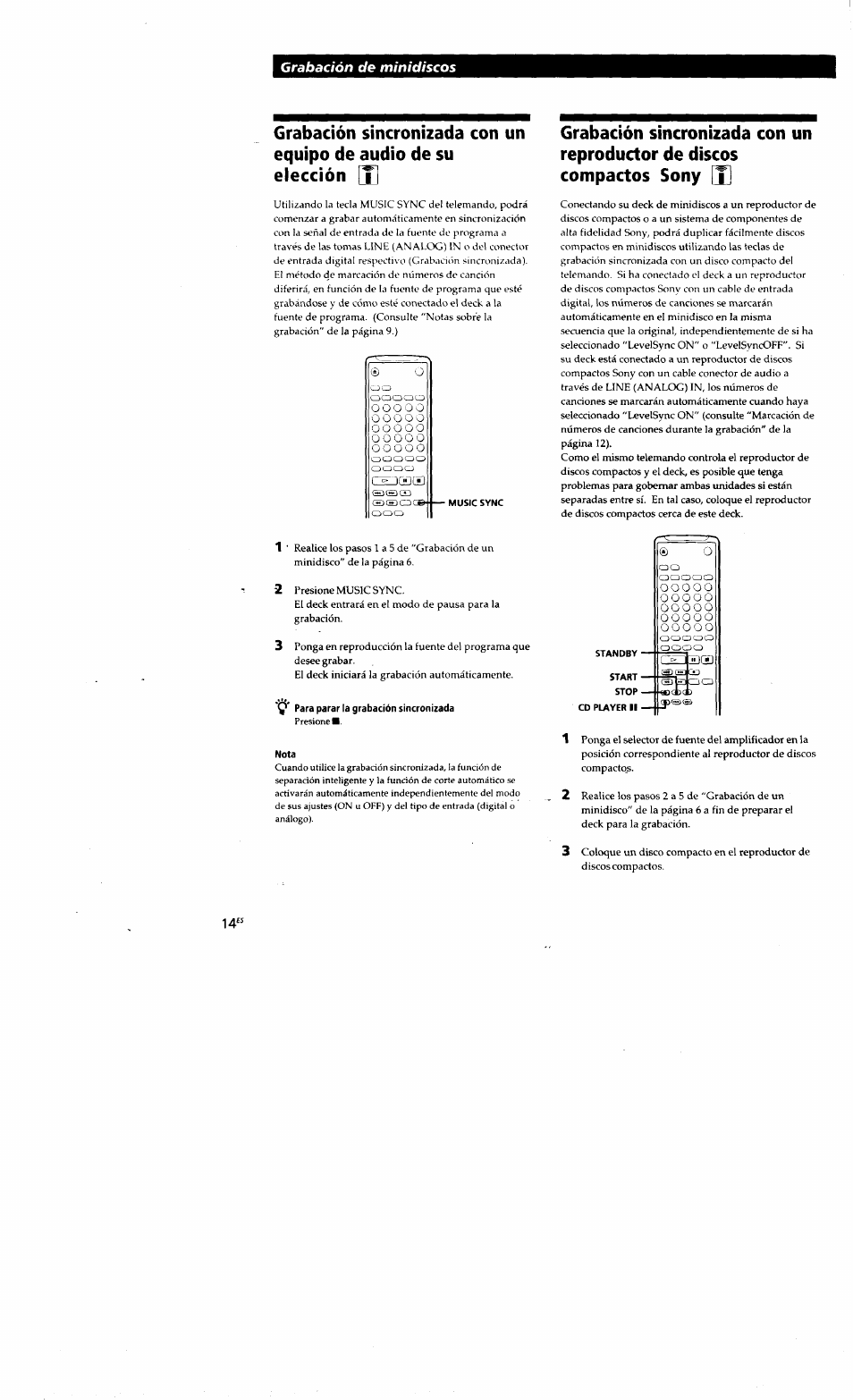 Q' para parar la grabación sincronizada, Nota, Grabación de minidiscos | Sony MDS-S38 User Manual | Page 86 / 109