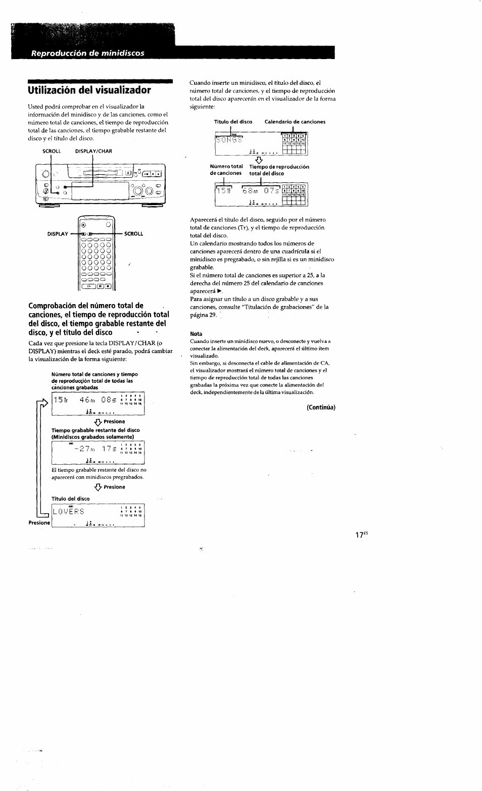 Utilización del visualizador | Sony MDS-S38 User Manual | Page 89 / 109