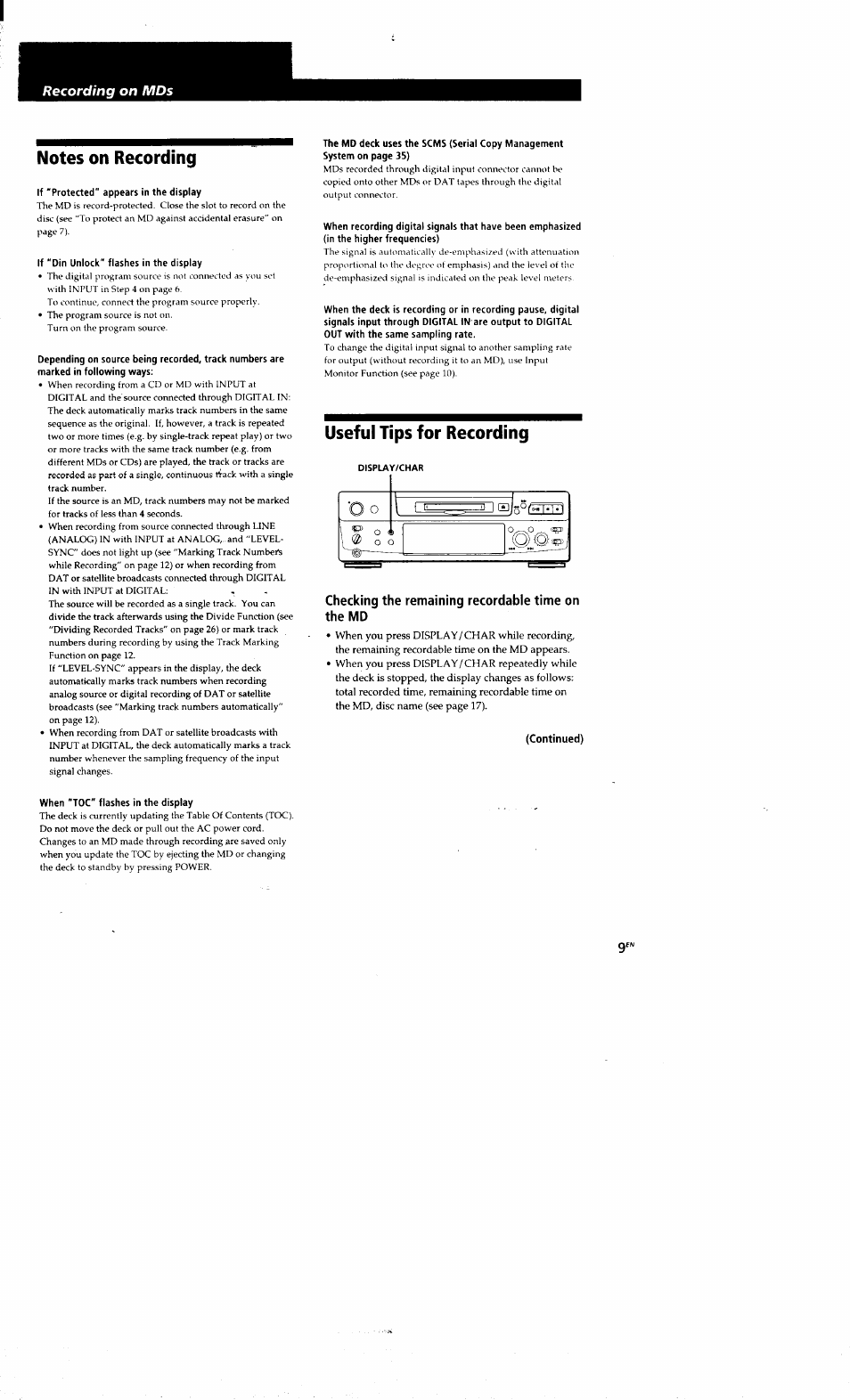 Notes on recording, If "protected” appears in the display, If "din unlock" flashes in the display | Useful tips for recording, Display/char, Checking the remaining recordabie time on the md, When "toc" flashes in the display | Sony MDS-S38 User Manual | Page 9 / 109