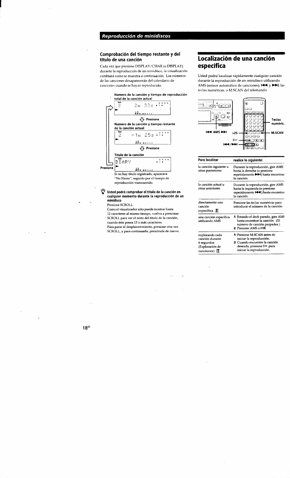 Localización de una canción específica, Localización de una canción esperífica, Reproducción de minidiscos | Sony MDS-S38 User Manual | Page 90 / 109