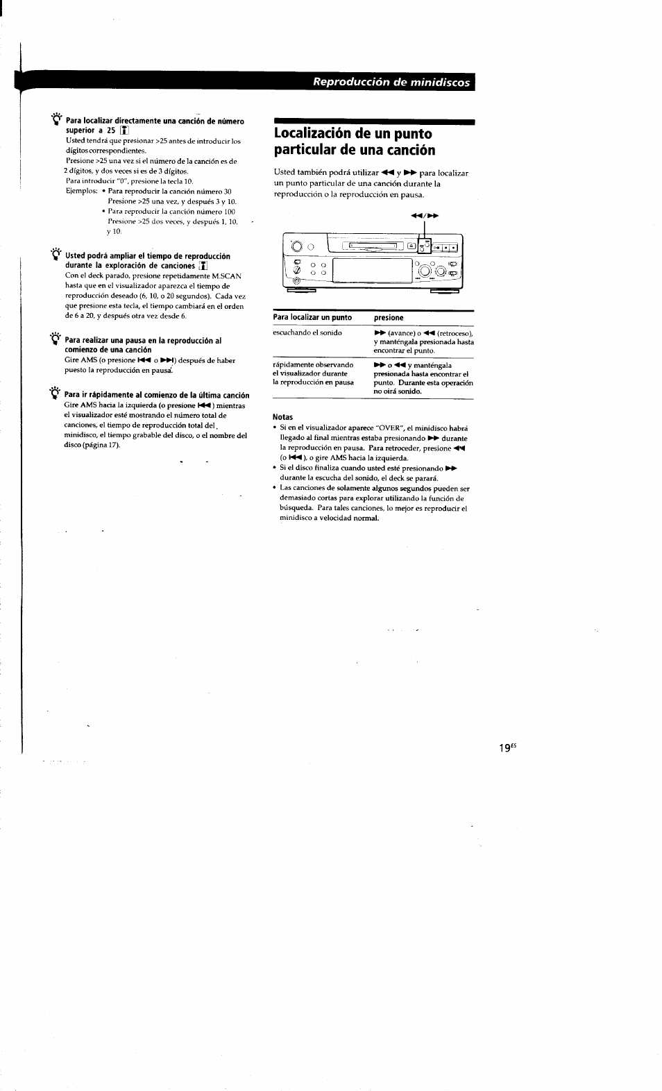 Localización de un punto particular de una canción, Notas, Reproducción de minidiscos | Sony MDS-S38 User Manual | Page 91 / 109