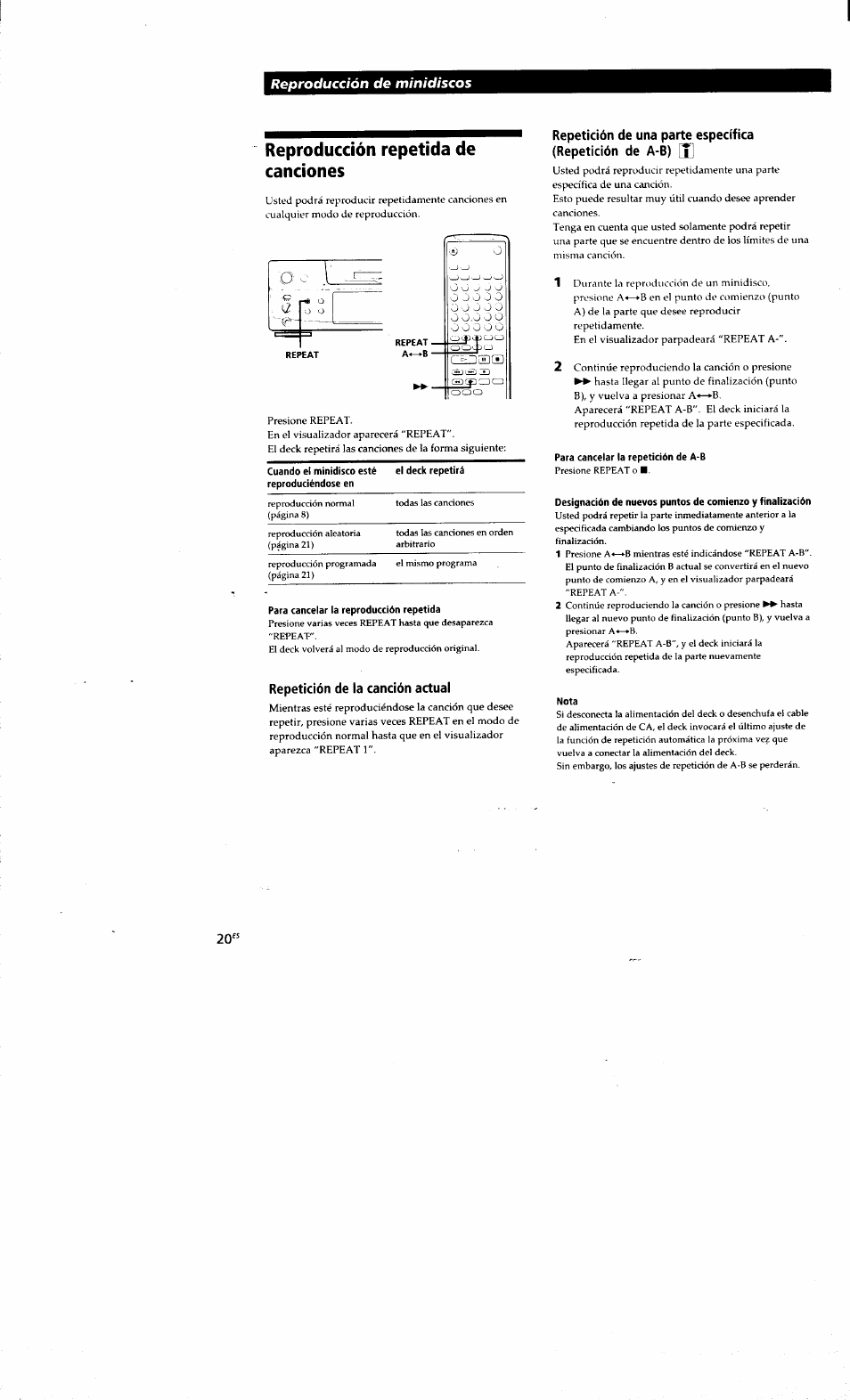 Reproducción repetida de canciones, Para cancelar la reproducción repetida, Repetición de la canción actual | Para cancelar la repetición de a*b, Nota, Reproducción de minidiscos | Sony MDS-S38 User Manual | Page 92 / 109