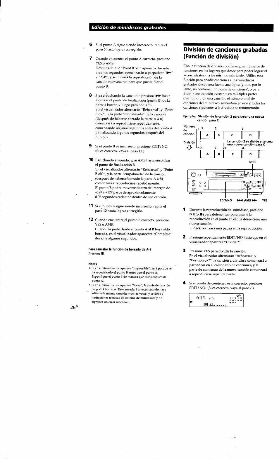 Para cancelar la función de borrado de a-b, Notas, Edición de minidiscos grabados | Sony MDS-S38 User Manual | Page 98 / 109