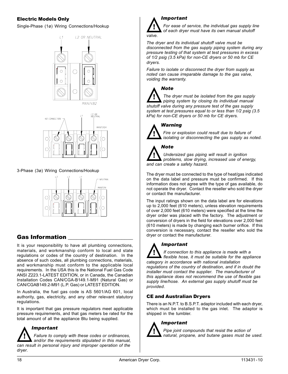 Gas information | American Dryer Corp. M75SL User Manual | Page 18 / 30