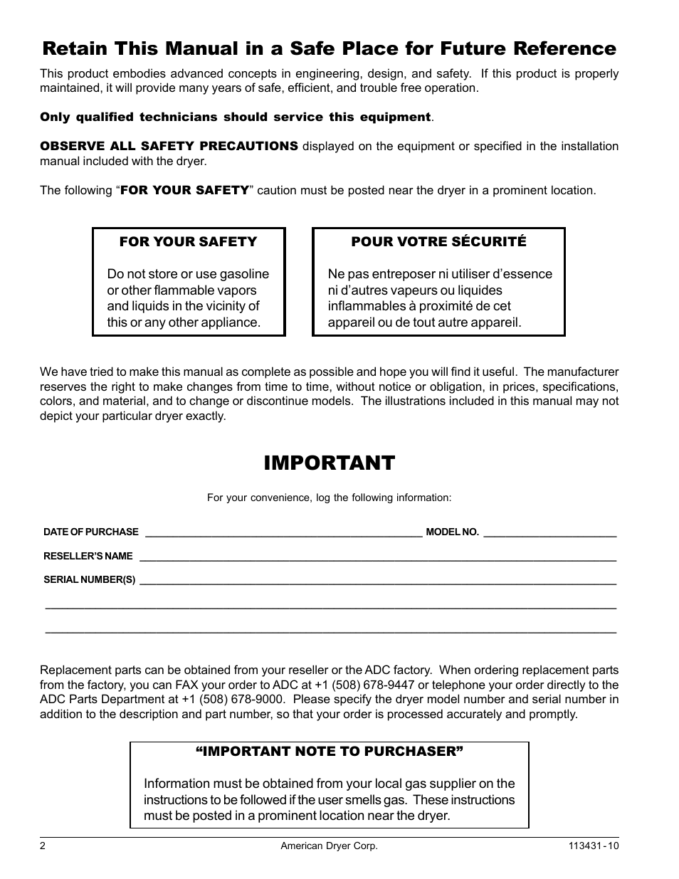 Important | American Dryer Corp. M75SL User Manual | Page 2 / 30