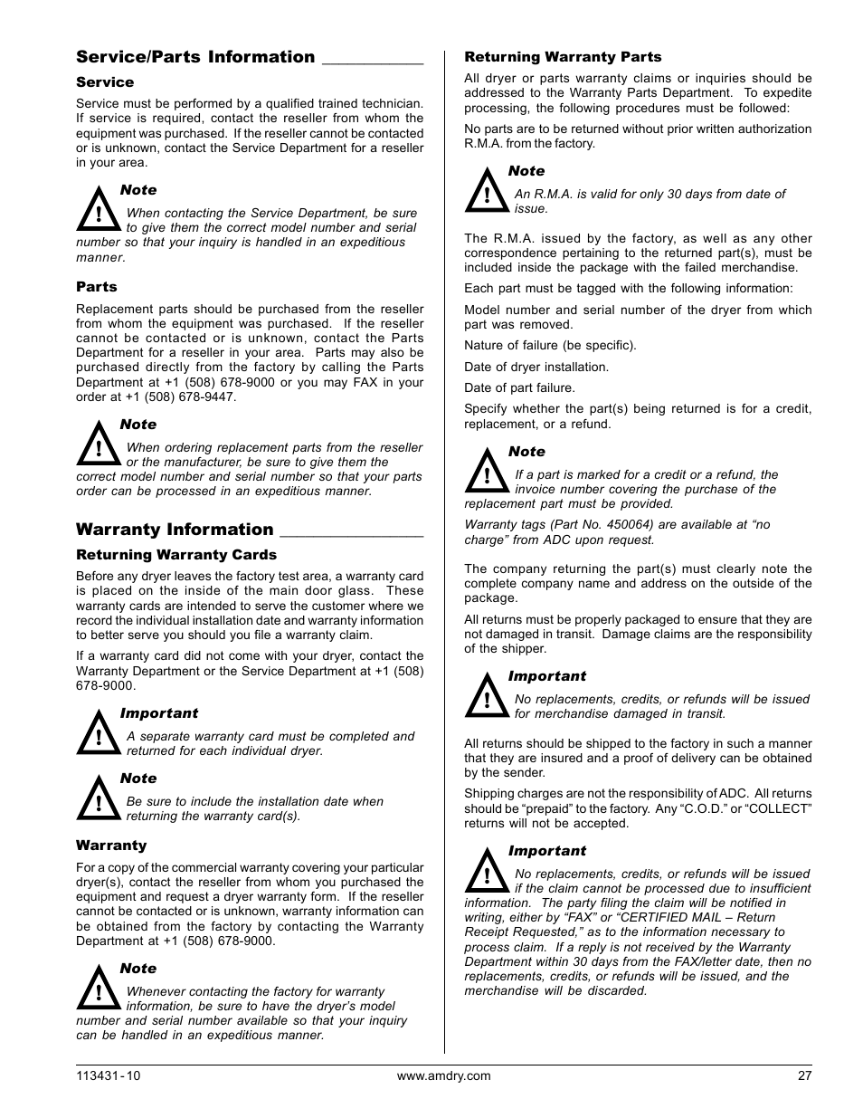 Service/parts information, Service, Parts | Warranty information, Returning warranty cards, Warranty, Returning warranty parts, Service parts | American Dryer Corp. M75SL User Manual | Page 27 / 30