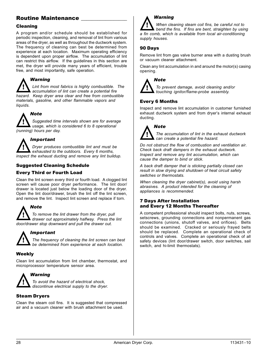 Routine maintenance, Cleaning | American Dryer Corp. M75SL User Manual | Page 28 / 30
