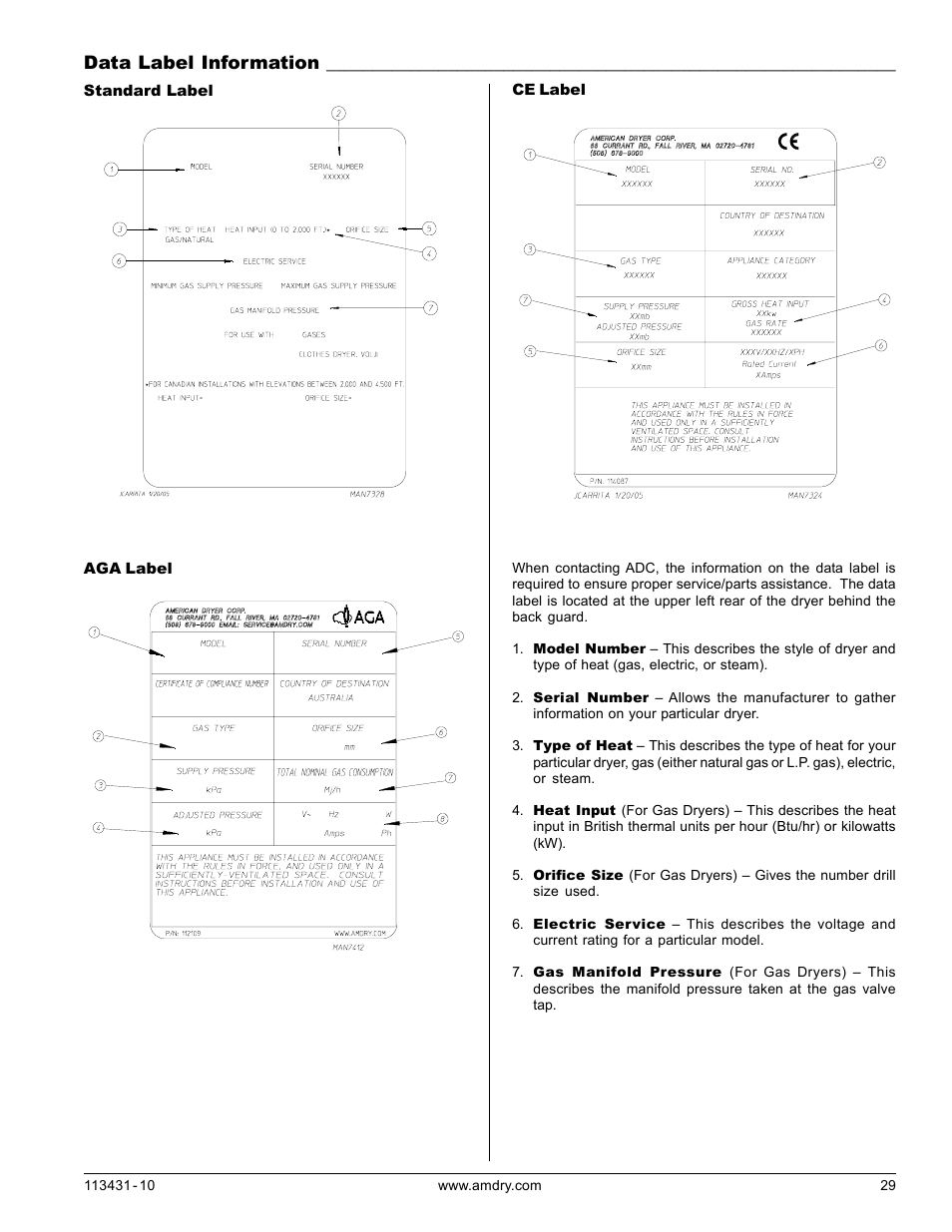 Data label information | American Dryer Corp. M75SL User Manual | Page 29 / 30