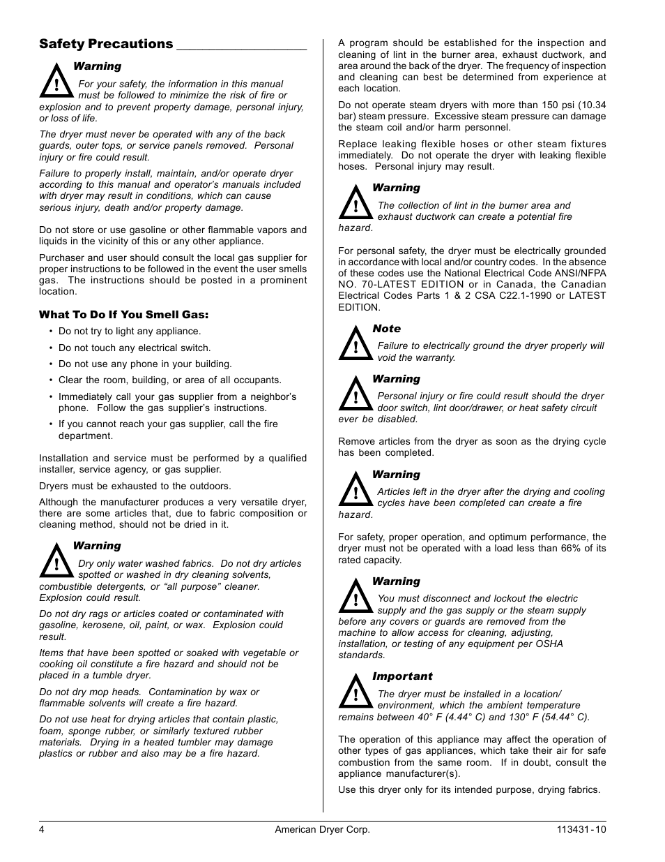 Safety precautions | American Dryer Corp. M75SL User Manual | Page 4 / 30