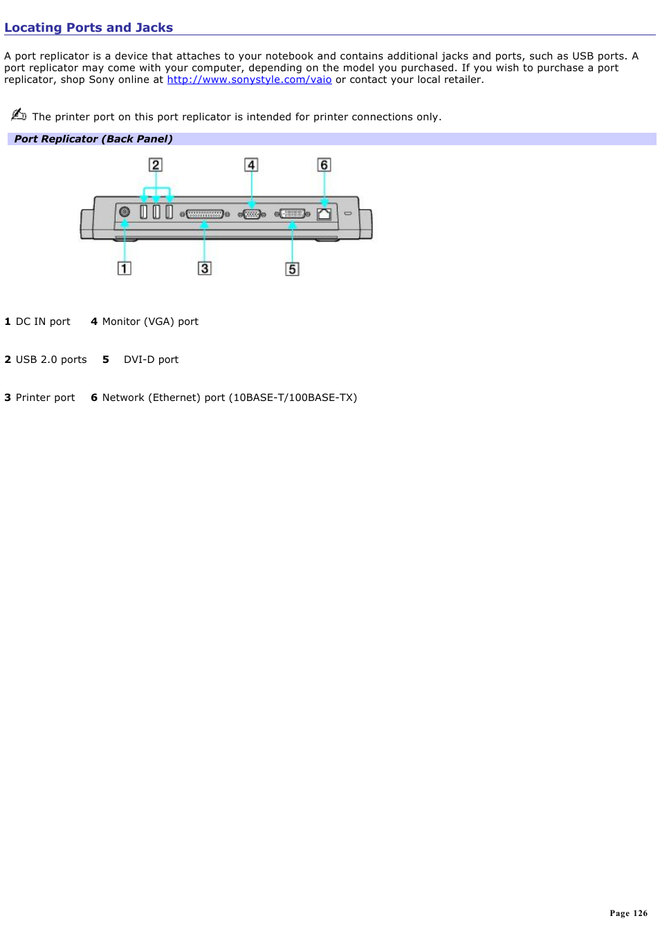 Locating ports and jacks, On the port replicator. for more information, see, Locating ports | And jacks | Sony PCG-Z1WAMP2 User Manual | Page 126 / 171