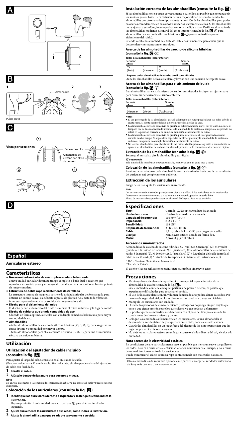 Especificaciones, Precauciones, Español | Características, Utilización | Sony XBA-4 User Manual | Page 2 / 2