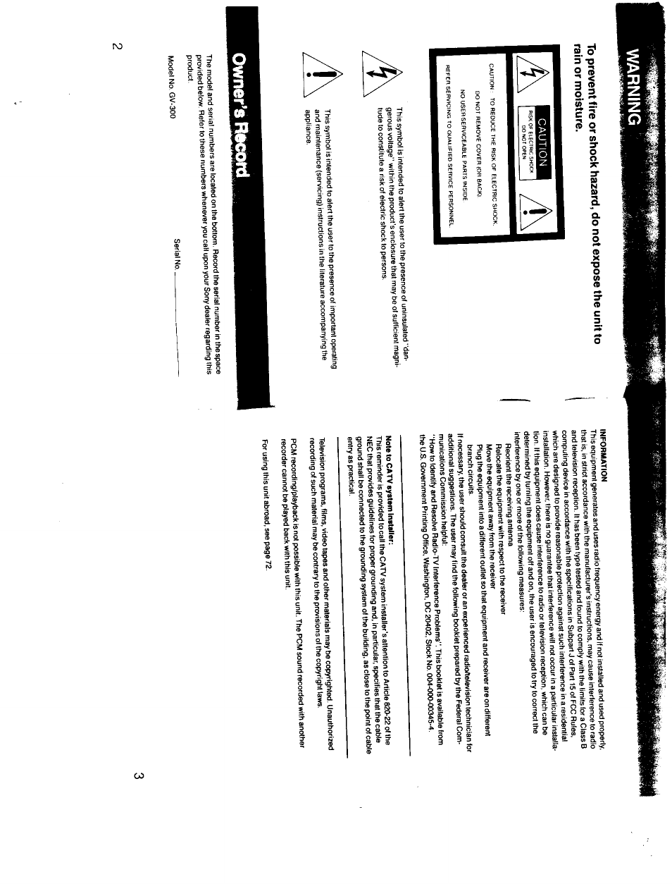 Owner’s ritsord, Warning | Sony GV-300 User Manual | Page 2 / 41