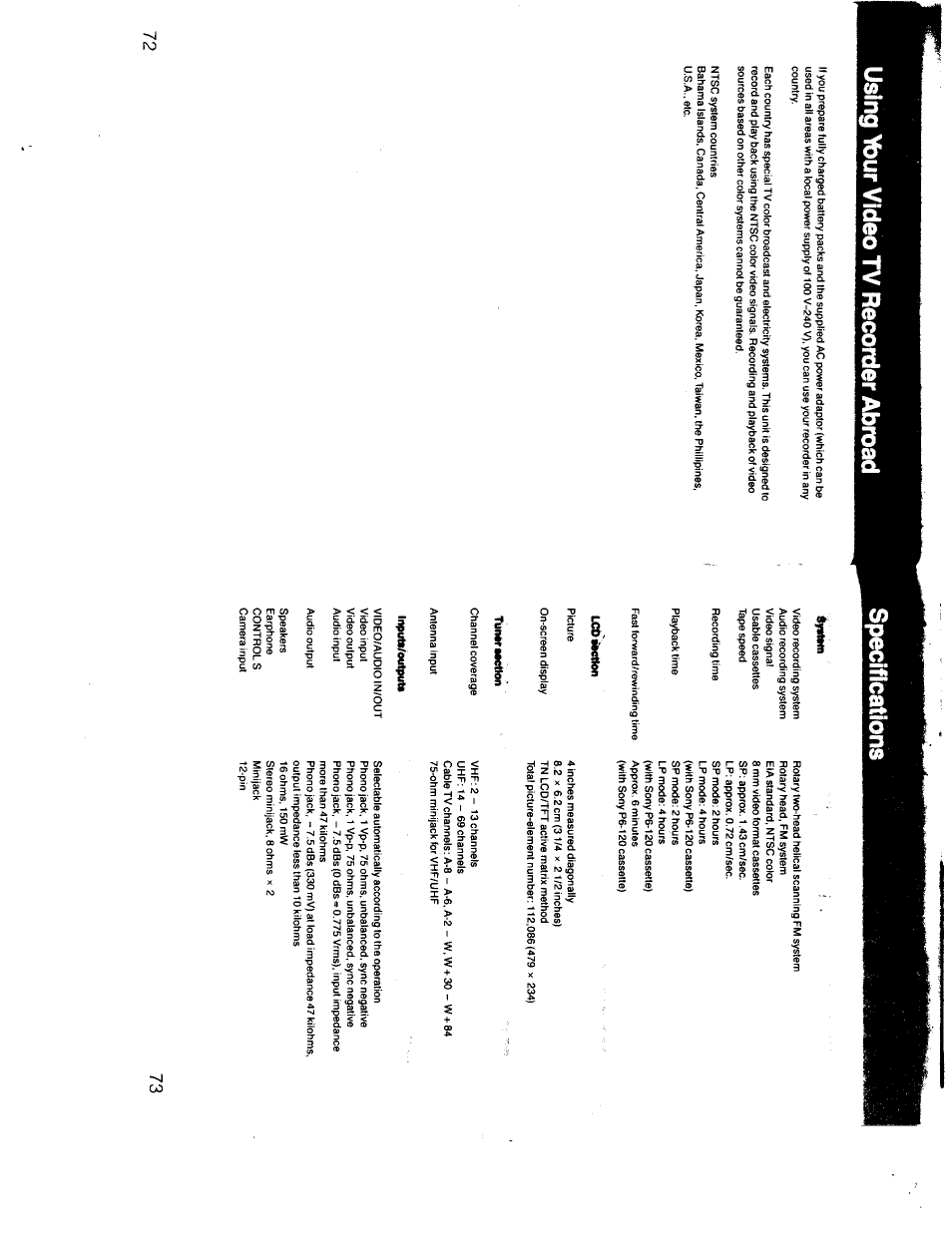 Using \bur video tv recorder abroad, Specifications | Sony GV-300 User Manual | Page 37 / 41