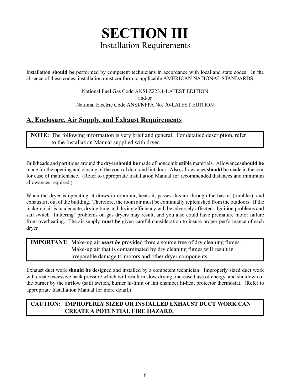Section iii, Installation requirements, A. enclosure, air supply, and exhaust requirements | American Dryer Corp. Phase 5 Microprocessor AD-170 User Manual | Page 10 / 64