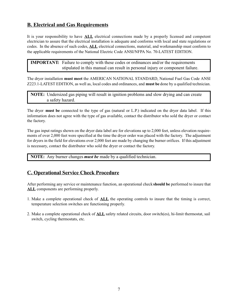 B. electrical and gas requirements, C. operational service check procedure | American Dryer Corp. Phase 5 Microprocessor AD-170 User Manual | Page 11 / 64