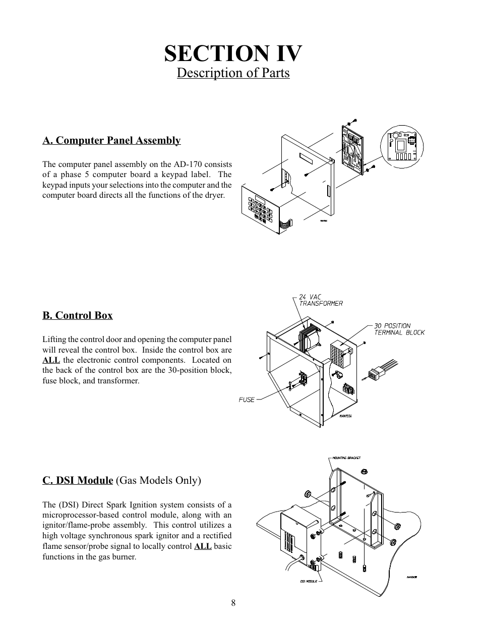Section iv, Desciption of parts, A. computer panel assembly | B. control box, C. dsi module, For gas models only), Description of parts | American Dryer Corp. Phase 5 Microprocessor AD-170 User Manual | Page 12 / 64