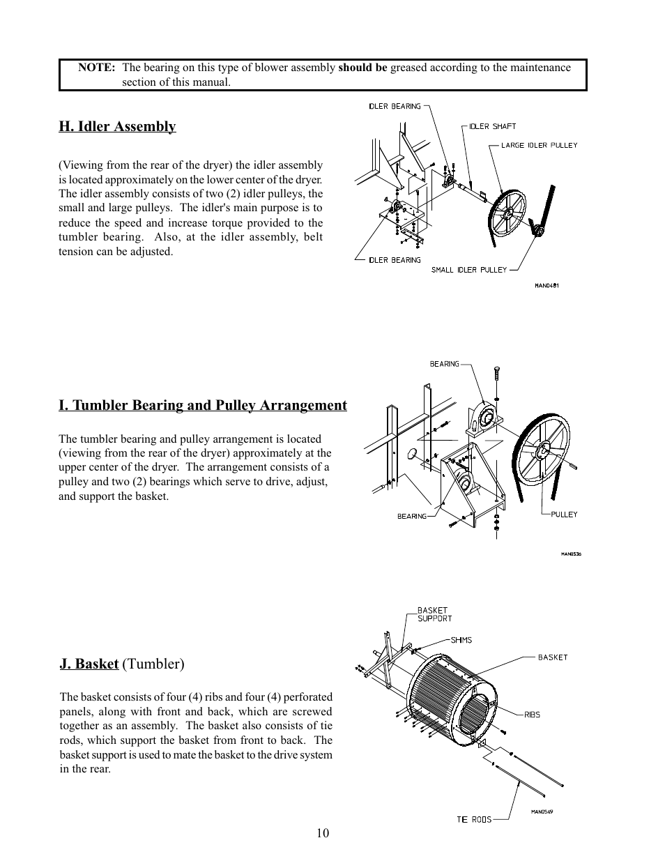 H. idler assembly, I. tumbler bearing and pulley arrangement, J. basket (tumbler) | American Dryer Corp. Phase 5 Microprocessor AD-170 User Manual | Page 14 / 64