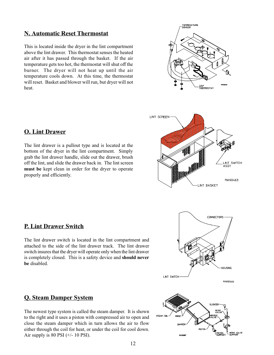 N. automatic reset thermostat, O. lint drawer, P. lint drawer switch | Q. steam damper system | American Dryer Corp. Phase 5 Microprocessor AD-170 User Manual | Page 16 / 64