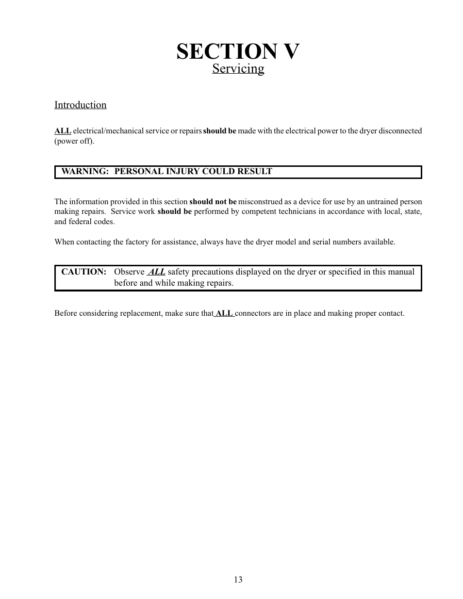 Section v, Servicing | American Dryer Corp. Phase 5 Microprocessor AD-170 User Manual | Page 17 / 64