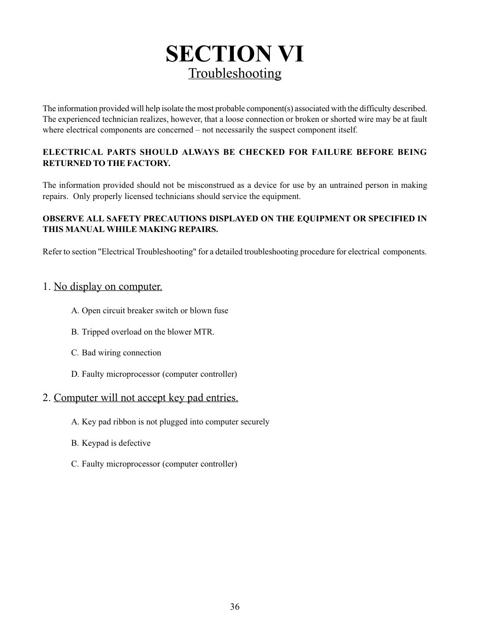 Section vi, Troubleshooting, No display on computer | Computer will not accept key pad entries | American Dryer Corp. Phase 5 Microprocessor AD-170 User Manual | Page 40 / 64